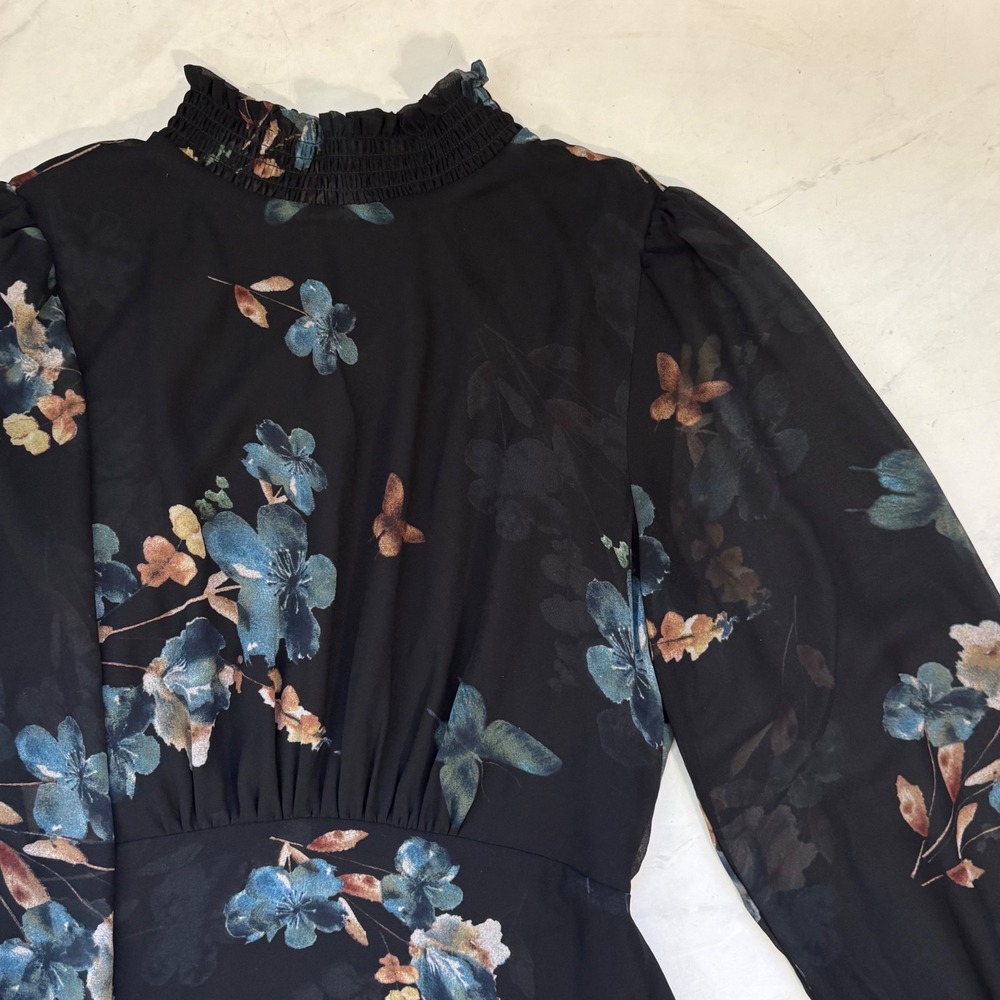 Baltic Born Size Medium Luciana Black Floral Mock Neck Puff Sleeve Maxi Dress - Picture 4 of 6